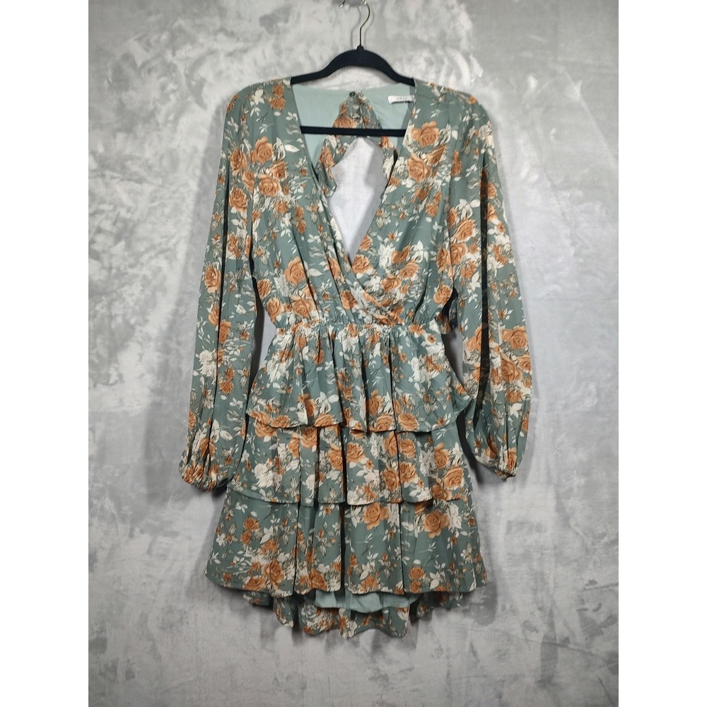 Lush Sage Green Floral Ruffle Mini Dress Long Sleeve Open Back Small LD45074-FCI